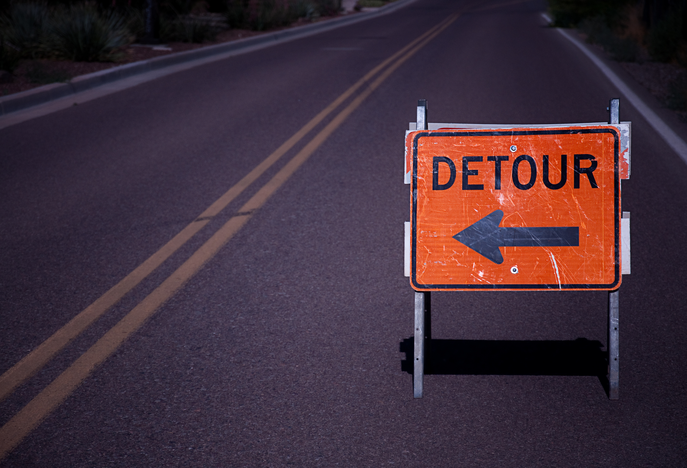 Road detour sign with copy space area.