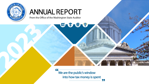 Cover for the 2023 State Auditor's Office annual report. It has a picture of the state Legislature on it, and includes the quote "We are the public's window into how tax money is spent."