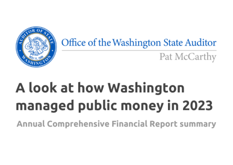 Cover sheet to Washington state's Annual Comprehensive Financial Report (ACFR) summary. It says "A look at how Washington managed public money in 2023: Annual Comprehensive Financial Report summary