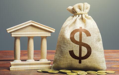Photograph of a bag of coins that has a dollar sign on it. The bag is sitting next to a wooden carving of a government building.