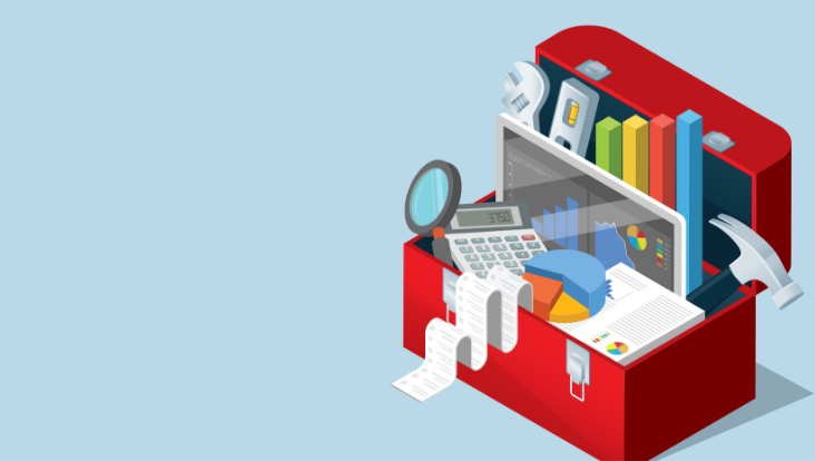 A red toolbox filled with tools, charts and graphs.