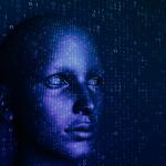 Digital art of a blue human face made of binary code against a dark background.